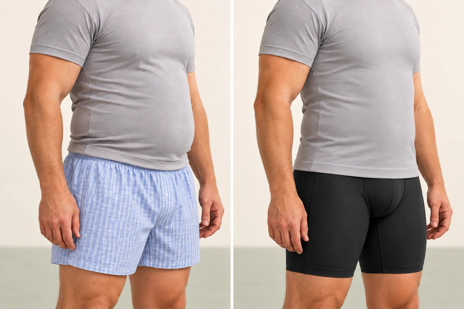 Links normale lockere Boxershorts mit sichtbarer Bauchfülle; rechts BOXER-FIT unter dem T-Shirt mit glatterer Kontur